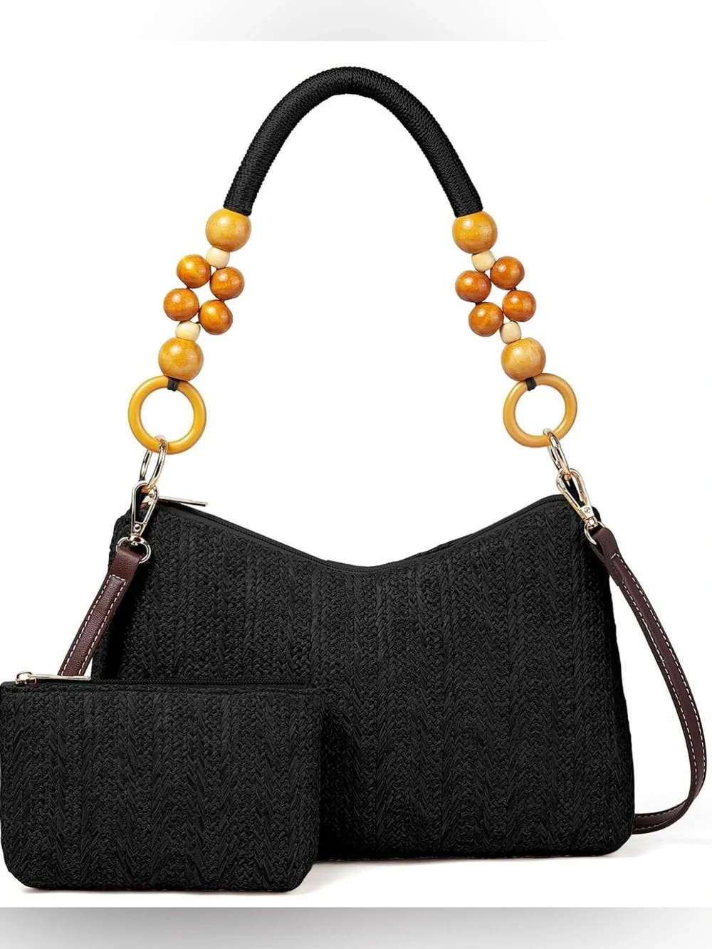 Black Woven Beaded Handle Shoulder Bag Crossbody NWT